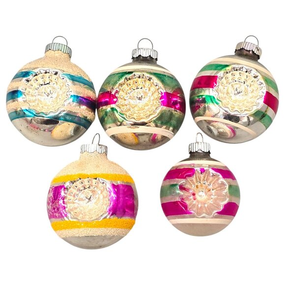 Lot Of 5 Shiny Brite Double Indent DROP BALL Glass Christmas Ornaments Stripes - Picture 1 of 9